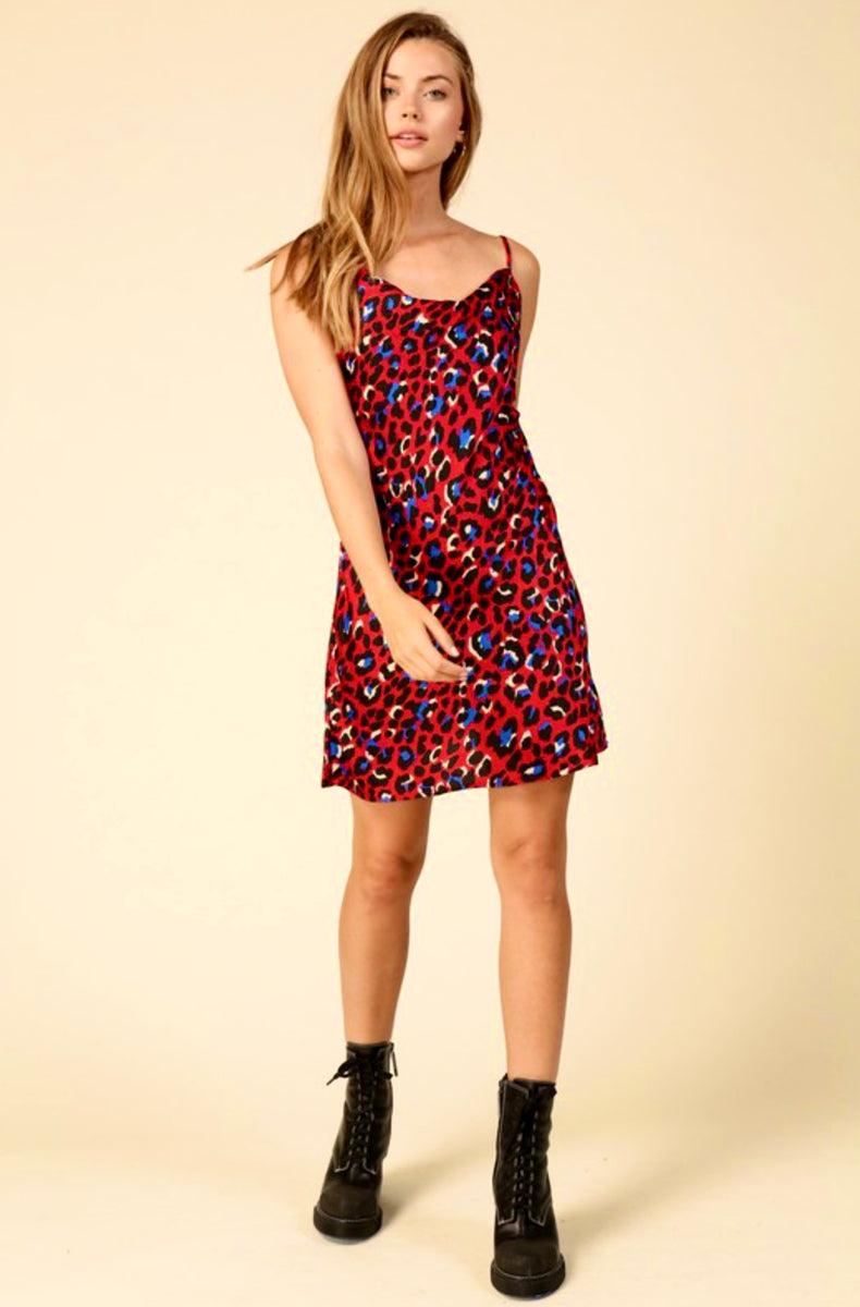 satin leopard print mini dress Leopard Warehouse Structured Satin Tie Shoulder Mini Dress