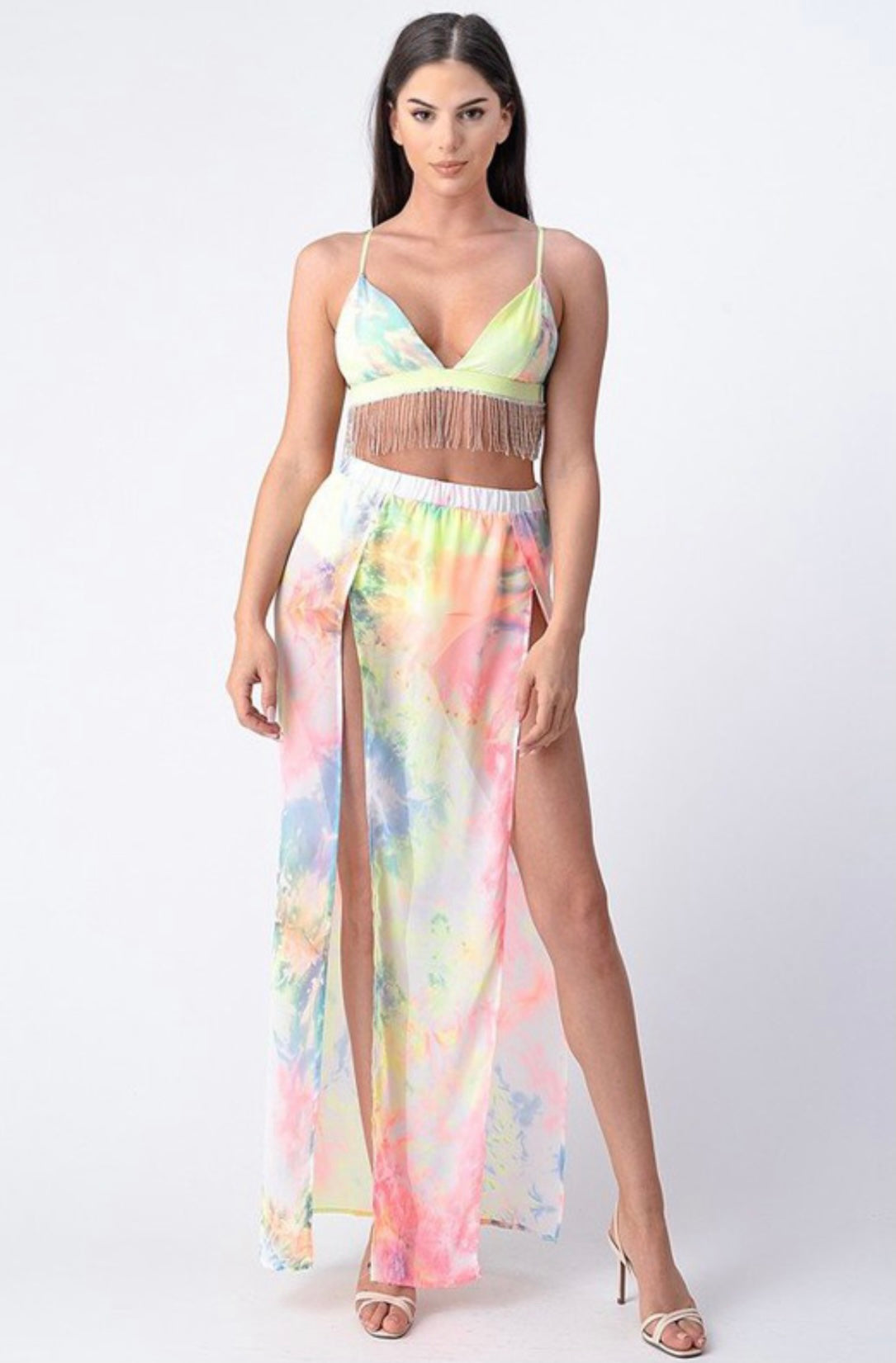 Sunset Babe Tie-Dye Sheer Beaded Two Piece Set